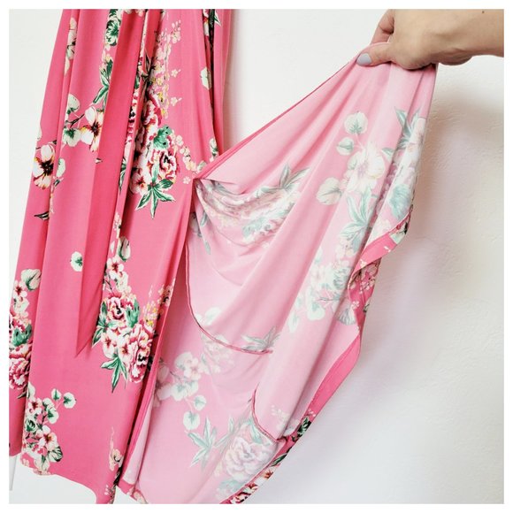 !!SOLD!! New York & Company Pink Floral Belted Maxi Dress w Kimono Style Sleeves - Picture 6 of 16